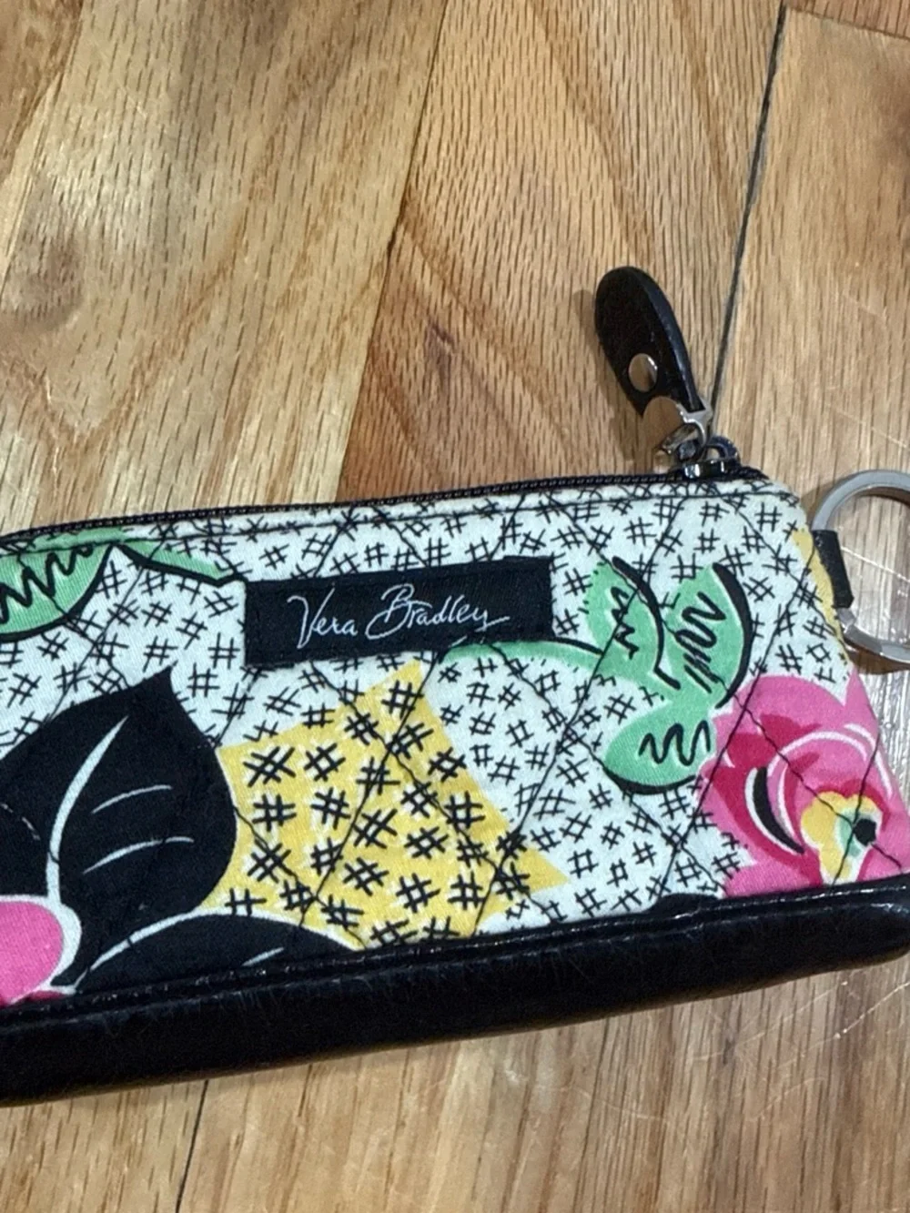 Black Floral Quilted Wristlet Keychain Wallet